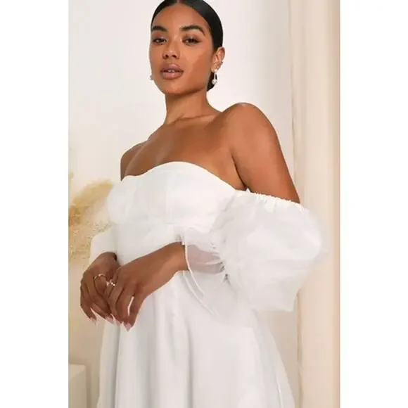 Lulus True Excellence White Bustier Sweetheart Off-The-Shoulder Gown Dress Large - Picture 4 of 10